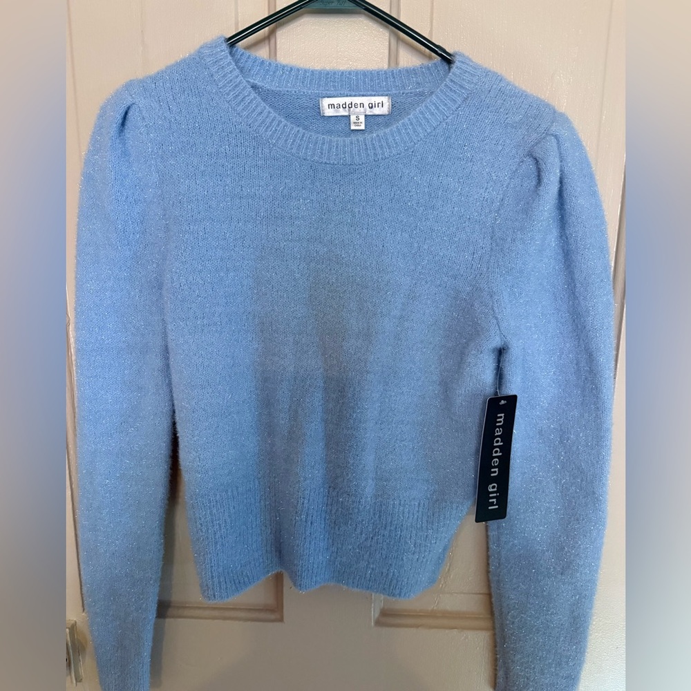 Madden Girl Soft Sky Blue Crewneck Fuzzy Pullover